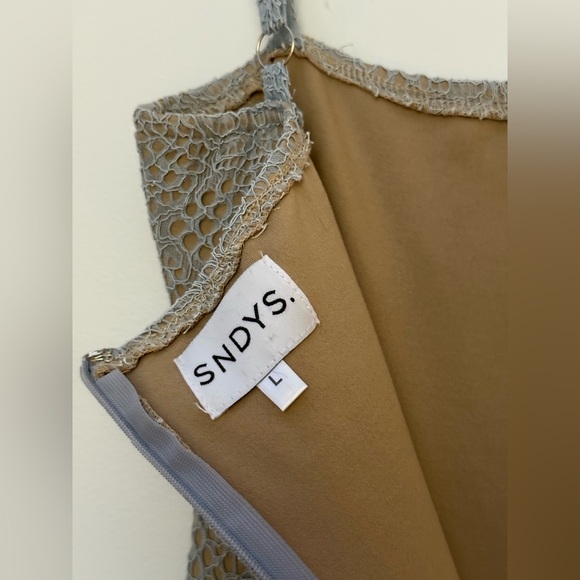 SNDYS Lace Bodycon Midi Dress Blue Grey | Strappy Slip Dress - Picture 6 of 14
